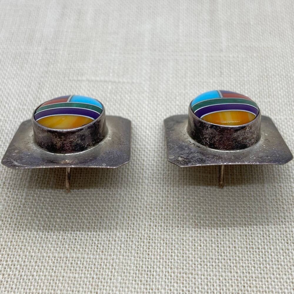 Vintage Rita Dawes Navajo EARRINGS Sterling Inlay - Picture 3 of 6
